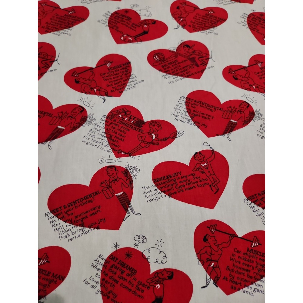 1/2yd Vtg Man o Your Dreams Novelty Fabric Valentine Love Humor Red White Cotton
